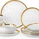 LOVECASA 12 Pieces Plates and Bowls Sets, Porcelain White and Gold Dinnerware Sets, Round Dinner Plates Dishes Set Service for 4, Dishwasher Safe and Scratch Resistant, White