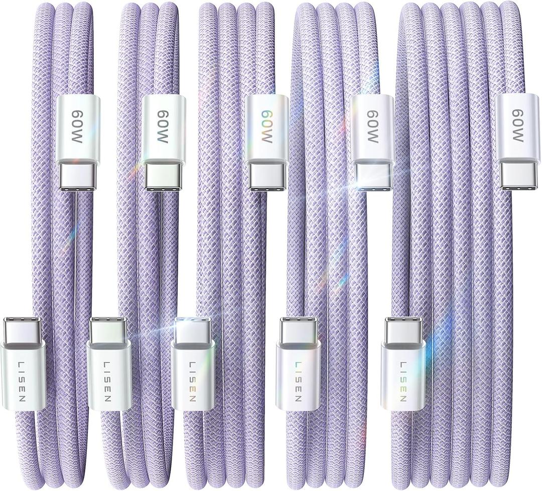 LISEN USB C Cable, 5-Pack [3.3/3.3/6.6/6.6/10FT] USBC to USBC Cable for iPhone 16e 15 Pro Max Charger Cord, 60W (3.1A) C to C Cable Fast Charging for Samsung S25/S24/23, Switch 2, iPad, MacBook,Purple