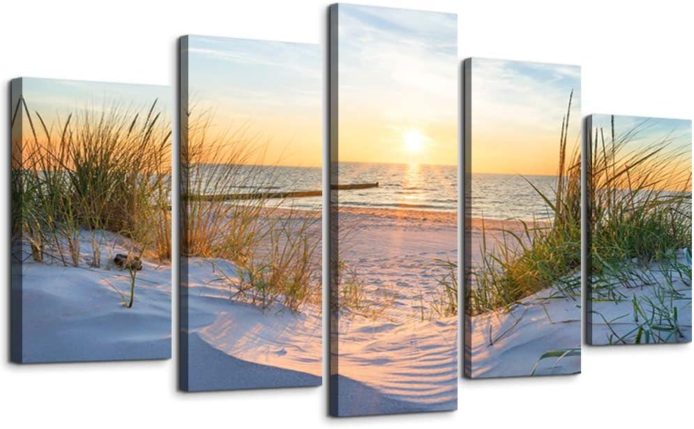Canvas Wall Art For Living Room Large Size Wall Decor For Bedrooms Beach Grass Blue Ocean Landscape Painting Office Wall Decorations Seascape Print Canvas Pictures Artwork Home Decor Works 5 Piece (Overall 40"W x 20"H, Blue Sun Beach Grass Ocean Landscape)