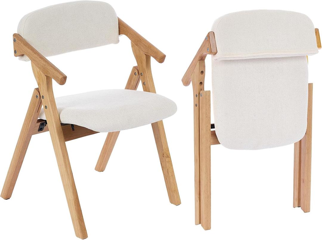 Folding Chairs with Padded Seats,Wooden Stackable Dining Chair,Easy to Store Foldable Dining Chairs for Kitchen, Living Room, Wedding Party Picnic (White), 21.25in x 21in x 31.49in