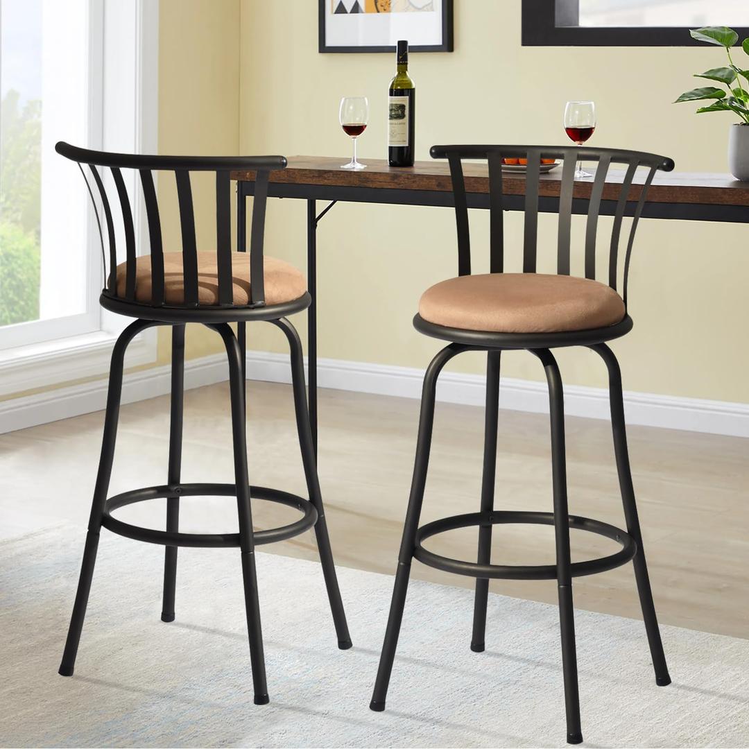 FurnitureR Classic Barstools Set of 2, Country Style Bar Chairs with Back and Footrest Swivel Counter Height Bar Stools for Kitchen Island Pub, Bistro, Restaurant, Rustic Brown and Black (29 Inch)