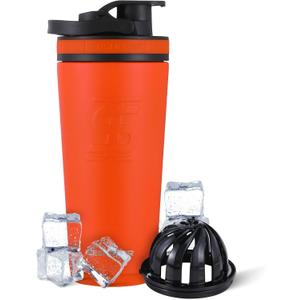 Ice Shaker Insulated Stainless Steel Shaker Bottle | 26oz, Orange | Cold for 30+ Hours | Insulated Cup with Twist-on Agitator | Odor-Free Bottle for Protein Shakes, Water, Smoothies, Cocktails