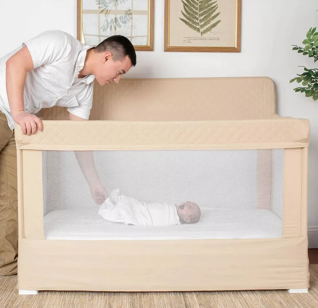 Baby Delight Horizon Full Size Crib, Breathable Mesh Walls, Tool-Free Assembly Baby Bed, Luxe Quilted Easy to Clean Fabric, Khaki