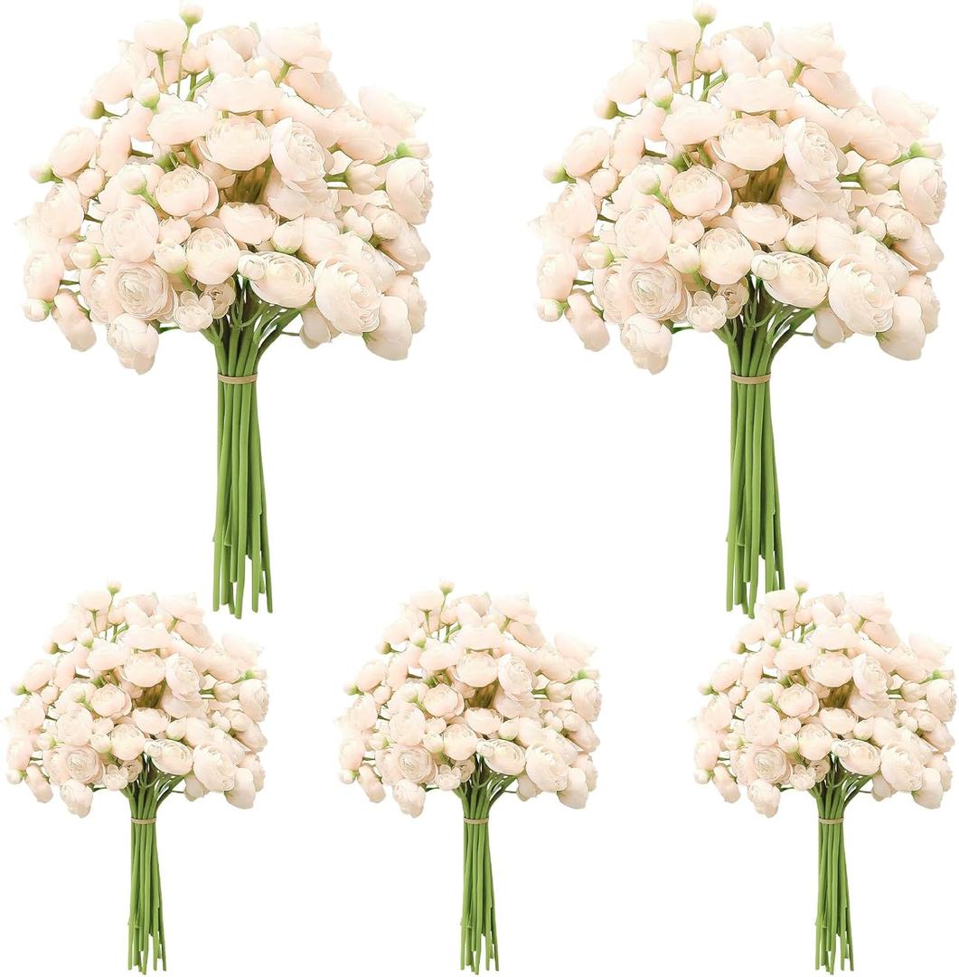 5 Bouquets Cream Ranunculus Artificial Flowers, 30 Pcs Silk Mini Faux Ranunculus Bouquet for Wedding, Bridal Shower, Centerpieces, and DIY Decorations