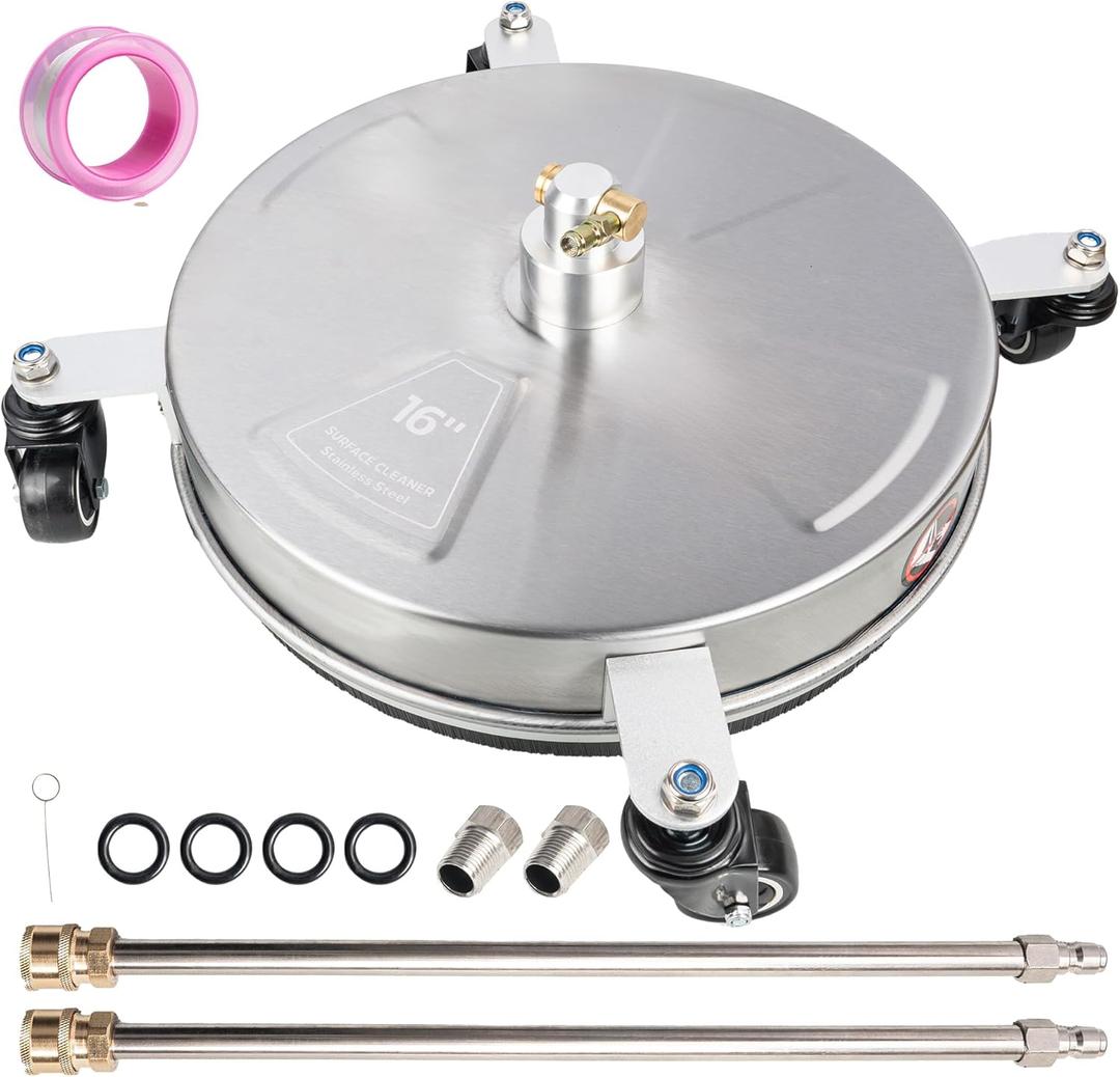 Hourleey 16" Pressure Washer Surface Cleaner, Stainless Steel Surface Cleaner with 4 Wheels for Concrete, Patio, Sidewalk, Deck, Pathway 1/4" Quick Connector, 2 Extension Wand, 4000 PSI