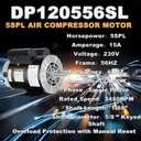 Kunray 5HP SPL Air Compressor Electric Motor, 230V 15Amps, 56 Frame 3450RPM, 5/8" Keyed Shaft, 1.88" Shaft Length for Air Compressors, Single Phase, CW/CCW Rotation