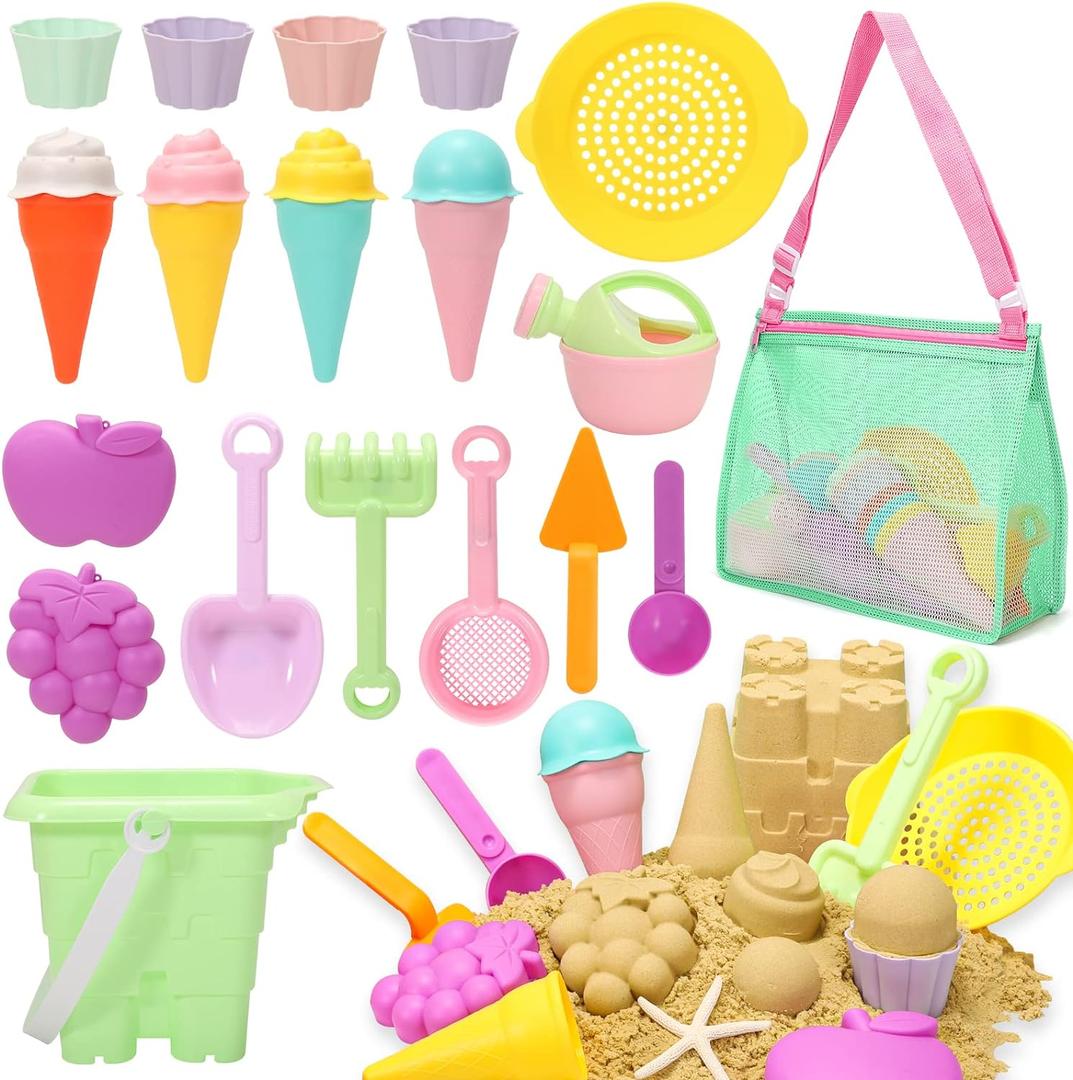 Tagitary Beach Sand Toys for Kids, Beach Toys 23PCS Set with Ice Cream Cake Sand Molds, Mesh Beach Bag, Bucket, Watering Can, Shovel, Rake - Ideal for Toddler Sandbox, Outdoor Play and Beach Travel