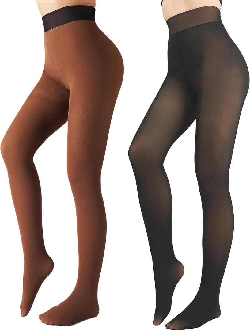 2 Pairs Women Fleece Lined Tights-Fake Translucent Leggings High Waist Pantyhose Sheer Thick Warm Tights For Women, Medium