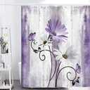 Rustic Farmhouse Shower Curtain, Farm Purple Daisy Floral Flowers and Butterfly on Country Wooden Shower Curtain for Bathroom, Violet Grey Bathroom Shower Curtains with 12PCS Hooks, 70X70IN