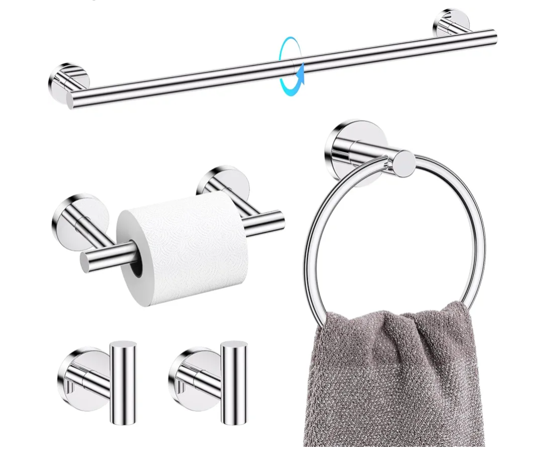 TQKAG Polished Chrome 5 Piece Bathroom Hardware Accessories Set 23.6" SUS304 Stainless Steel Bathroom Towel Bar Holder Sets Double Post Pivoting Toilet Paper Holder Set Wall Mounted