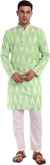 SKAVIJ Men's Pure Cotton Printed Kurta Pajama Set Ikat Design Casual Ethnic Dress (Lime Green, S)