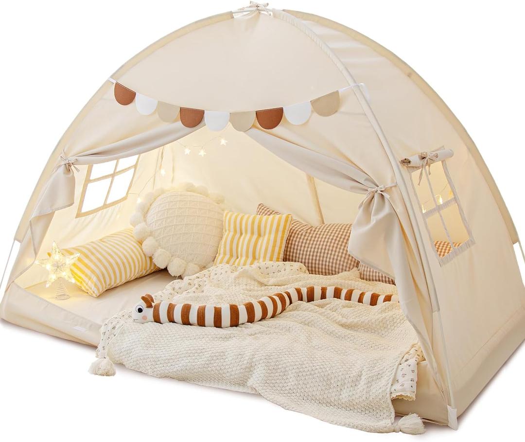 Twin Size Bed Canopy Bed Tents Dream Tent on Bed Privacy Space Blackout Sleeping Tents Indoor Breathable Portable Cottage Drafty Room Floor Bed Tents (Natural)