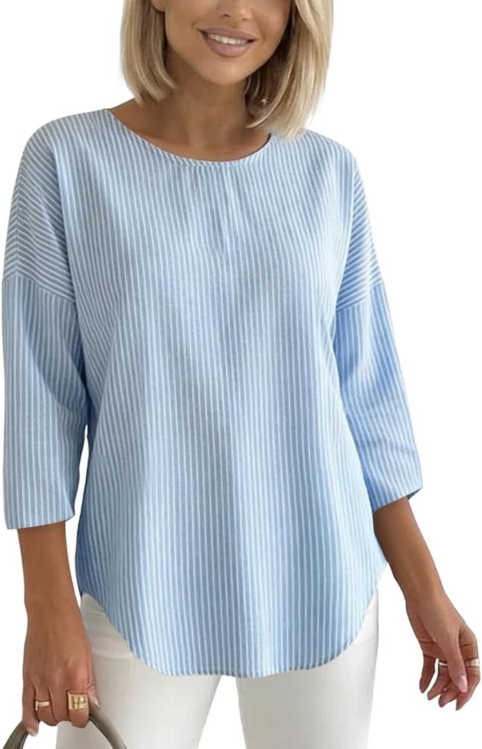 Women's 2026 Summer 3/4 Sleeve Tops Casual Striped T Shirts Crewneck Loose Office Work Shirts Cotton Blouses (Blue, XL)