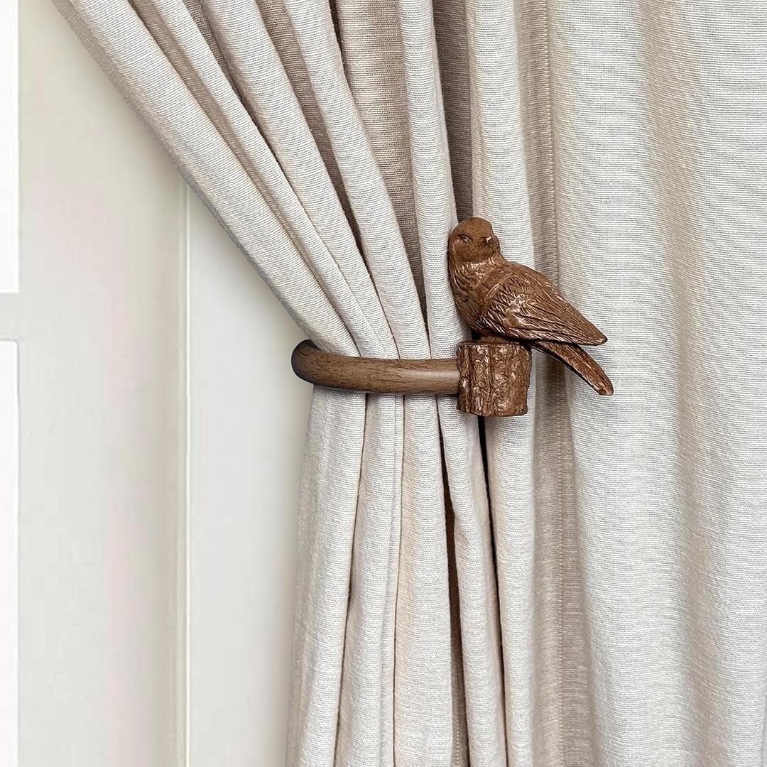 Curtain Drapery Holdbacks with Resin Bird, Wall Mount Drapery Hooks Holders, Set of 2, Wood Color, Suitable for Drywall