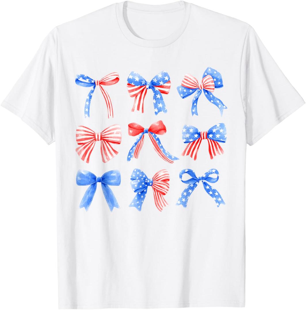 Coquette Bows Red White Blue USA Flag 4th Of July Women Girl T-Shirt