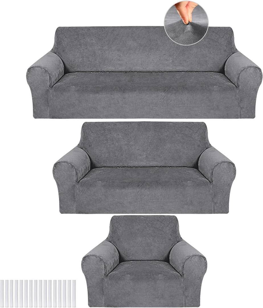 Peryiter 3 Pcs Slipcover Set for Couch Furniture Covers for Sofa Loveseat Couch Arm Chair, Form Fit Stretch, Wrinkle Free, Furniture Protector(Light Gray,Velvet)