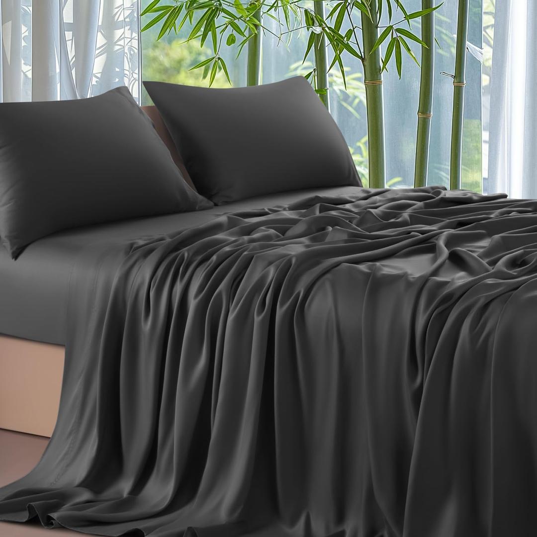 Shilucheng 100% Viscose Derived from Bamboo_ Sheets Queen Size 4pcs - Ultra Cooling & Silky Soft Bed Sheets, 16" Deep Pocket, Perfect for Hot Sleepers, Hotel Bedding Sheets (Black)