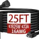 16/3 25 FT Outdoor Extension Cord Waterproof, Weatherproof & Flame Retardant Black 3 Prong Power Cord Outside for Lawn & Garden, 13 Amps 1625 Watts 125 VAC 16AWG SJTW, ETL Listed