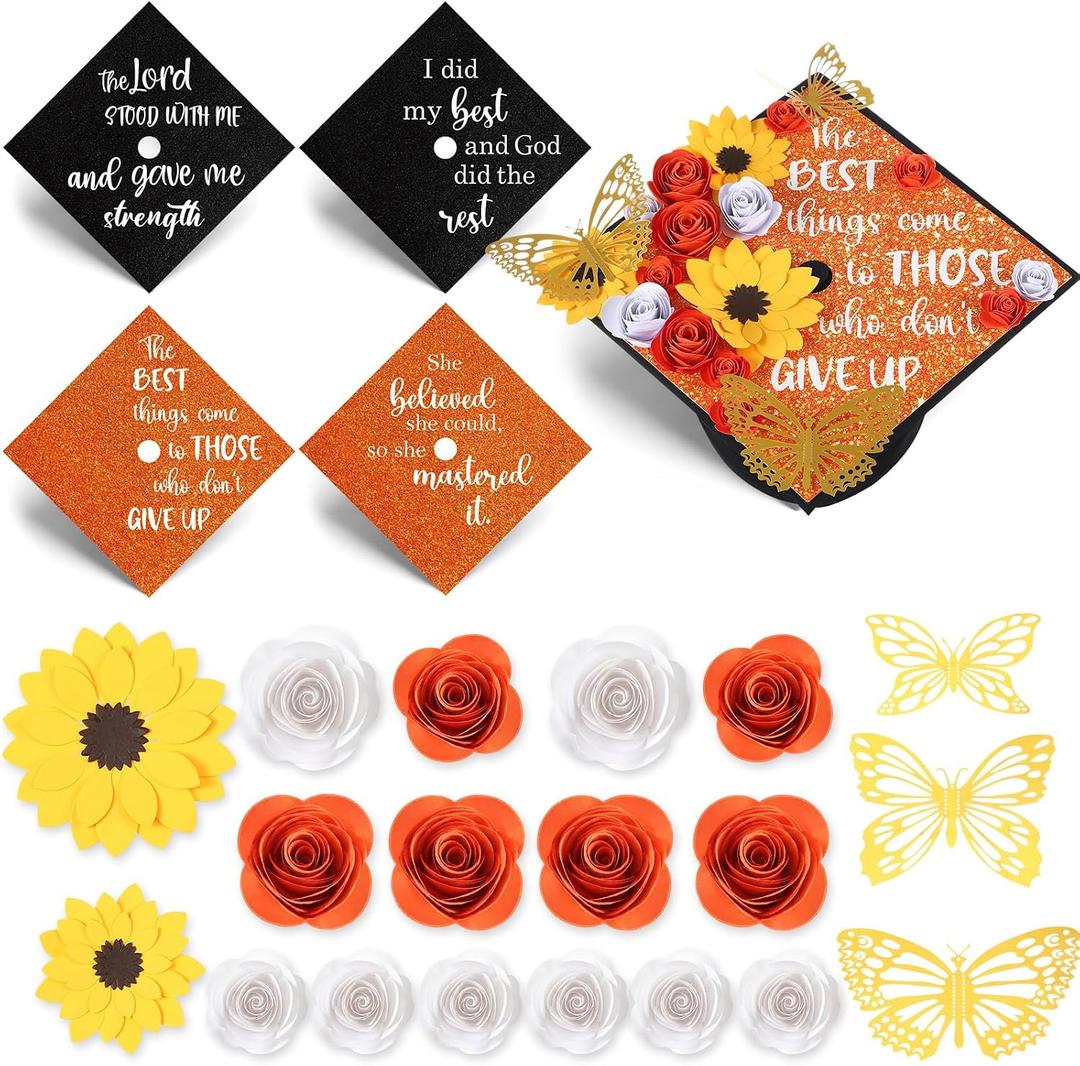 Gersoniel 36 Pcs DIY Graduation Cap Decorations Accessory Kit Handmade Paper Flowers Inspirational Cardstock 3D Butterfly Stickers for DIY Hat Grad Cap Topper Graduation Party Supplies(Orange)