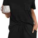 RUBZOOF Women's Short Sleeve Pajama Sets with Pockets Casual V Neck 2 Piece Lounge Sets S-3XL (Large, 01-black)