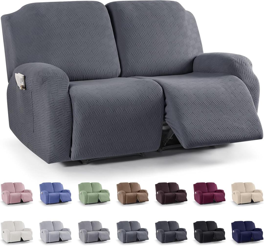 KinCam Recliner Covers, Stretch Reclining Chair Covers, Recliner Sofa Slipcovers Stripe Jacquard Recliner Couch Covers Furniture Protector Covers for Pet Kid (2XL Seater, Dark Gray)