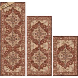 Kitchen Rugs Sets 3 Piece with Runner, Washable Non Slip Soft Boho Kitchen Mats, Low Pile Stain Resistant Carpet for Hallway, Laundry Room, Entryway (20"x32"+20"x48"+20"x59", Rust Red)
