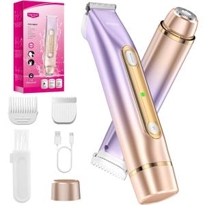 Bikini Trimmer for Women, 2-in-1 Painless Electric Razor for Body and Pubic Hair, IPX7 Waterproof Shaver with Dual Heads - Rechargeable Lady Trimmer for Bikini, Underarm, and Leg (Rose)
