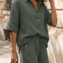 LILLUSORY Women 2 Piece Linen-feel Short Set Summer Outfit, Army Green Small