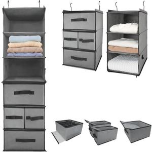 2-in-1 Durable 6-Tier Hanging Closet Organizer with 4 Removable Drawers,2 Separable 3-Tier Thickened Fabric Hanging Shelf Clothes Storage Organization Space-saving for Bedroom,Dorm,Guestroom,RV,Travel