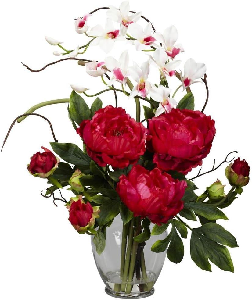 Nearly Natural Peony & Orchid Silk Flower Arrangement (29" x 10.25" x 10.25", Red)