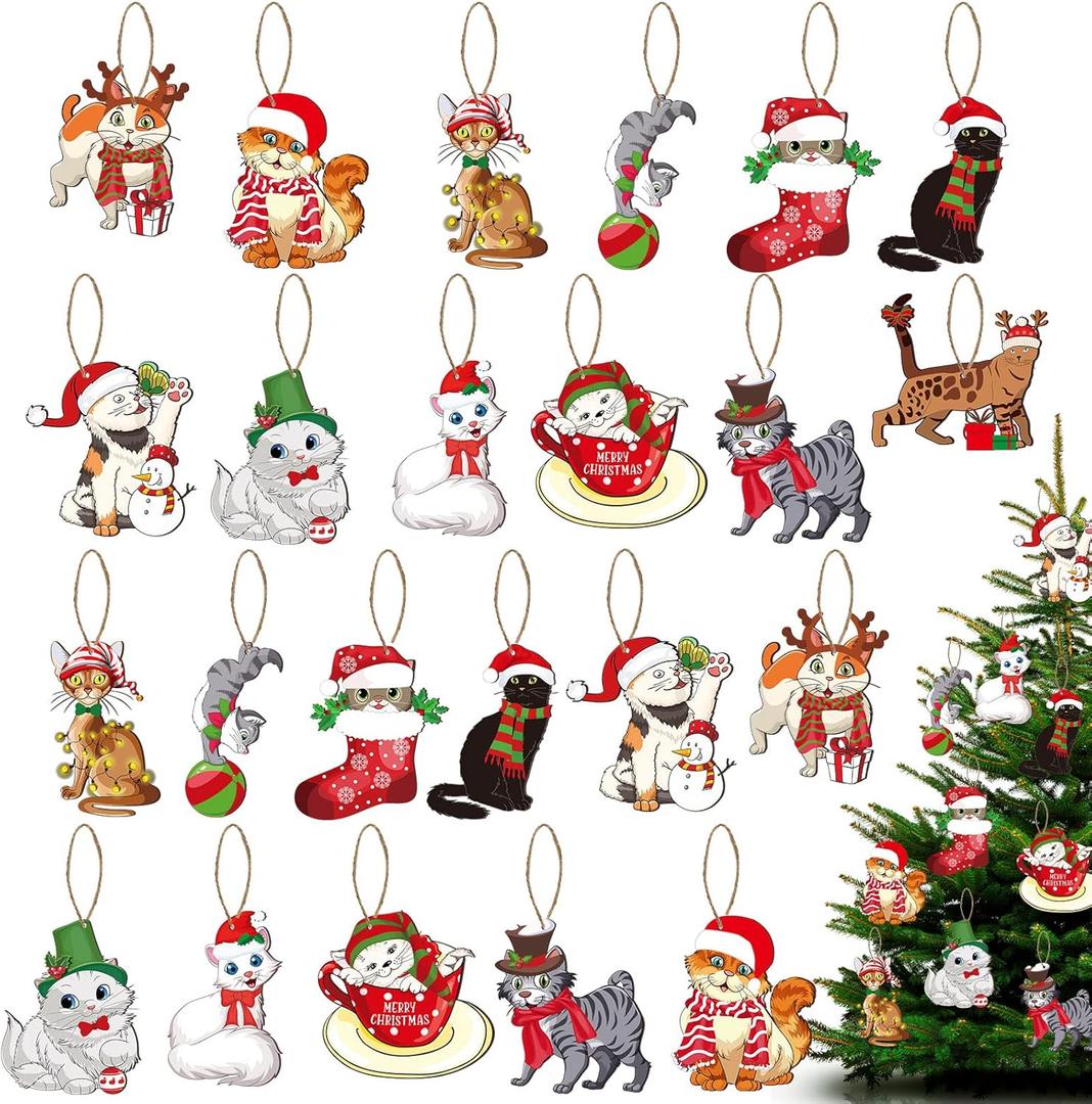 Queekay 48 Pieces Christmas Figures Ornament Xmas Wood Hanging Decorative Funny Wood Christmas Tree Ornaments Set for Boys Girls Holiday Party(Cat)