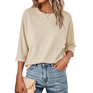 Fanway&EC Women's Casual Summer Tops 3/4 Sleeve Crew Neck T Shirts Loose Fit Tunic Blouses Tee Light Apricot (Beige, XXL)