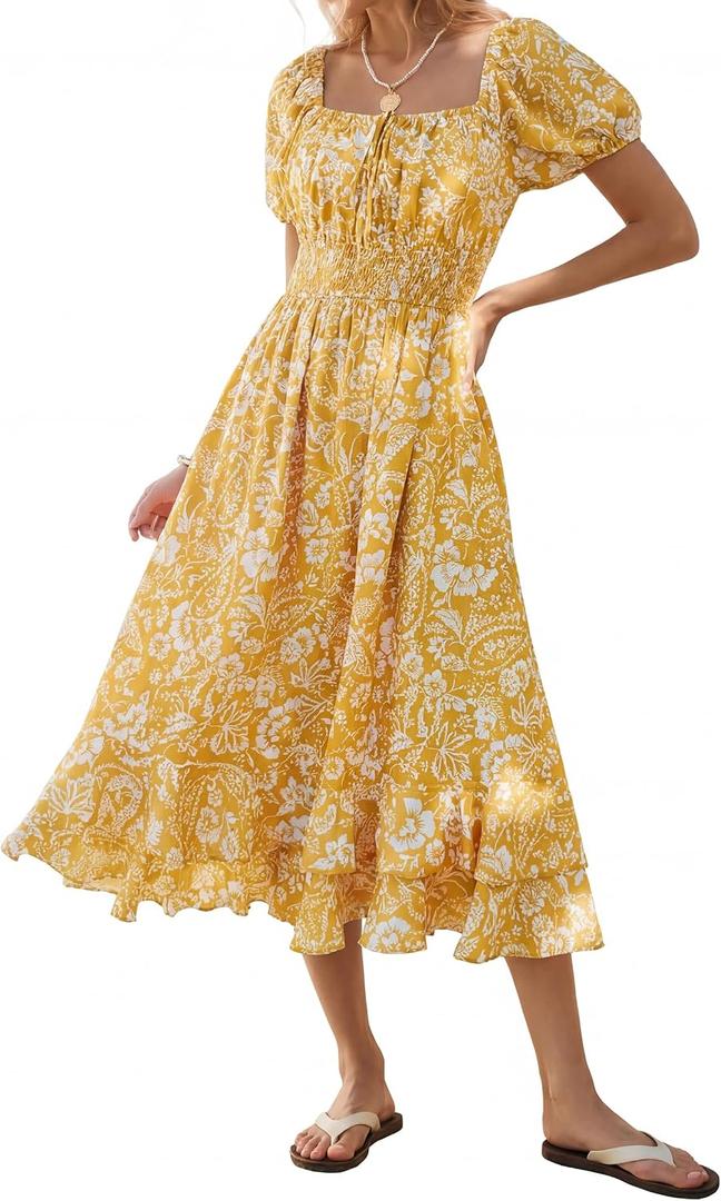 Kate Kasin Womens Summer Boho Floral Maxi Dress 2026 Square Neck Puff Sleeve Smocked Flowy A Line Beach Wedding Guest Dresses (XL)