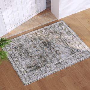 Rugcomf 2x3 Rug Washable Boho Rug Soft Small Area Rug Non-Slip Non-Shedding Faux Wool Vintage Rug for Door Mat, Kitchen, Floor, Entryway, Powder Room (Grey)