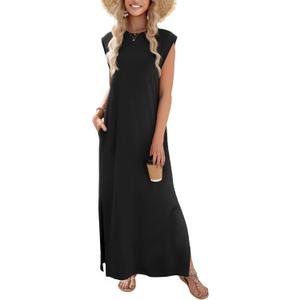 Zeagoo Summer Dresses for Women 2026 Long Maxi Sundresses Loose Split Wrinkle-Free Beach Travel Vacation Clothes (Black, XXL)