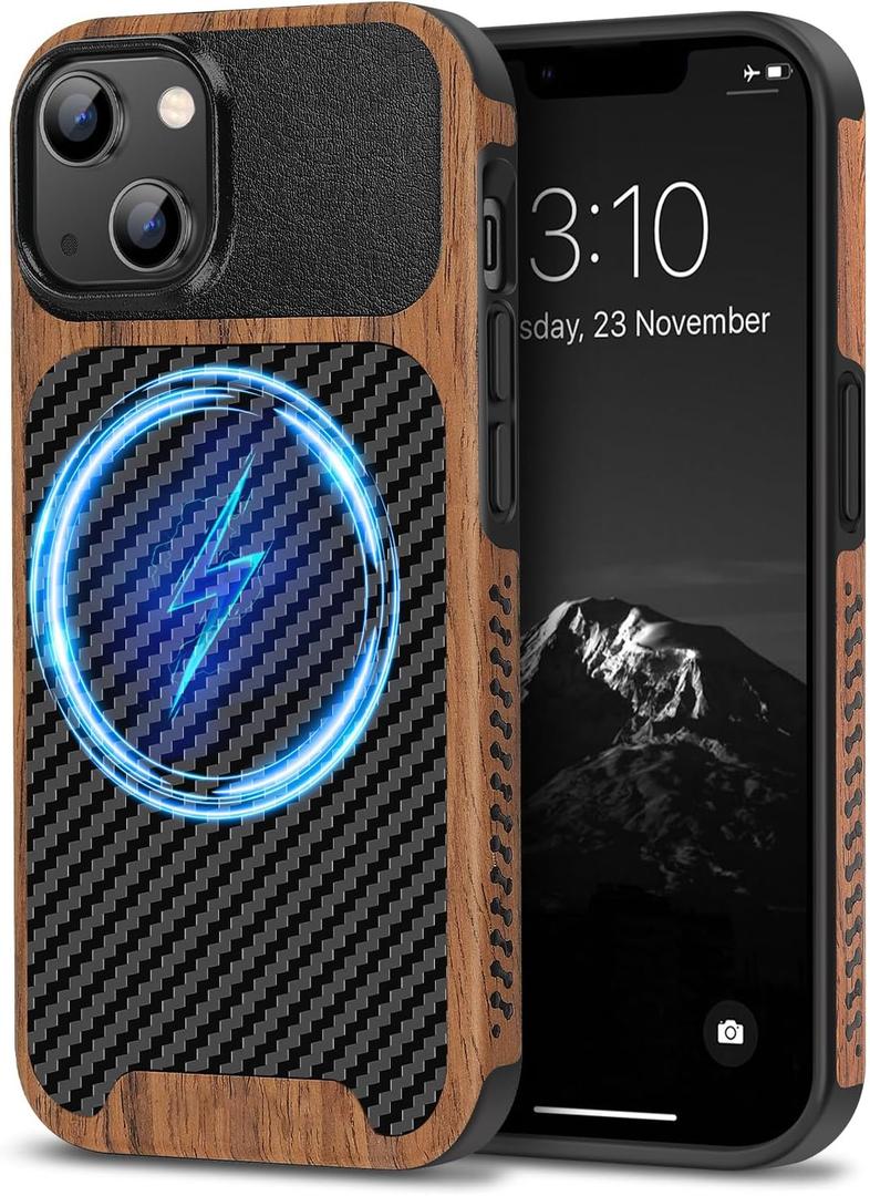 TENDLIN Magnetic Case Compatible with iPhone 14 Plus Case Wood Grain with Carbon Fiber Texture Design Leather Hybrid Slim Cover (Compatible with MagSafe) Black