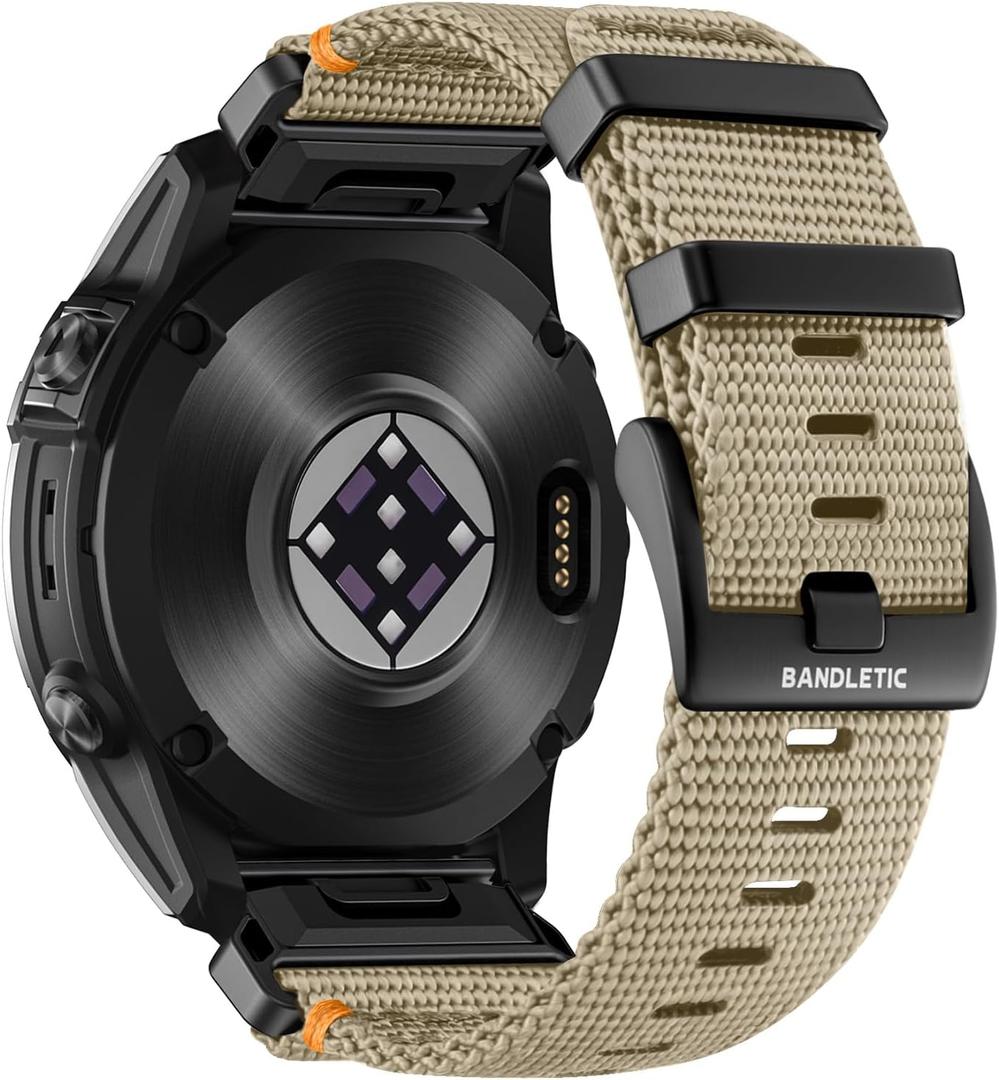 Bandletic Compatible with Garmin Instinct Watch Bands - 22mm Quick Fit Rugged Nylon Replacement Band for Fenix 8 E 47mm/7 6 Pro/5 Plus/Instinct 2 3 E 45mm/Forerunner 970 965/Approach S70 S62/Epix Pro (Khaki)