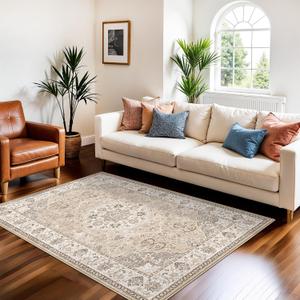 3x5 Living Room Area Rugs: Vintage Washable Non-Slip Rug for Bedroom Dining Room Soft Carpet for Nursery Kitchen Home Office Durable & Easy-Clean Design Perfect for Homes with Cats & Dogs(3x5 Beige)