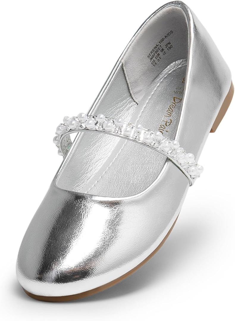 DREAM PAIRS Girls Mary Jane Dress Shoes Ballerina Flats for Wedding, Party (Toddler/Little Kid/Big Kid) (Silver-Pu)