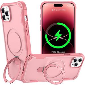 Designed for iPhone 14 Pro Max Case with Magnetic Stand [Military Drop Protection][Compatible with Magnet] Shockproof 14 Pro Max Phone Case with Ring Holder, Pink