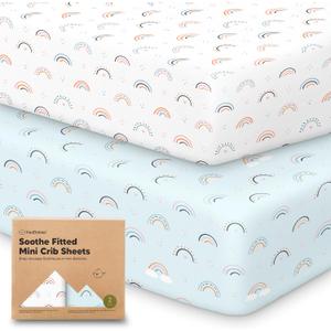 2-Pack Mini Crib Sheets Fitted - 38x26 Pack N Play Sheets for Pack and Play Mattress, Organic Cotton, Soft & Breathable Playard Bedding, Neutral Mini Toddler Bed Cover for Boys, Girls (Jolly Rainbow)