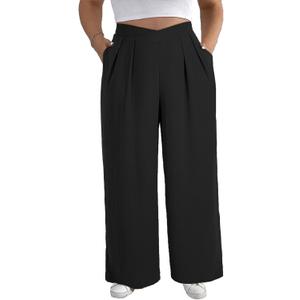 Eytino Plus Size Pants for Women Casual Cross High Waist Business Work Flowy Wide Leg Pants with Pockets, 4X Black