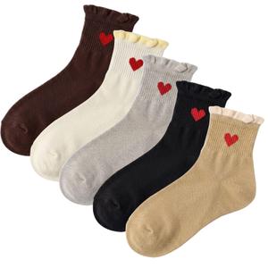 Ceoon 3/5 Pairs Cute Heart Socks Ruffle Socks Ankle Socks for Women Crew Socks Gifts for Womens Socks (Multicolor-2)
