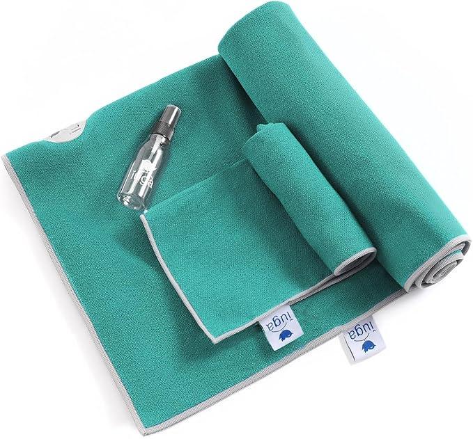 IUGA Non Slip Yoga Towel, Extra Thick Hot Yoga Towel + Hand Towel 2in1 Set, Corner Pockets Design to Prevent Bunching, 100% Microfiber – Non Slip, Super Absorbent and Quick Dry