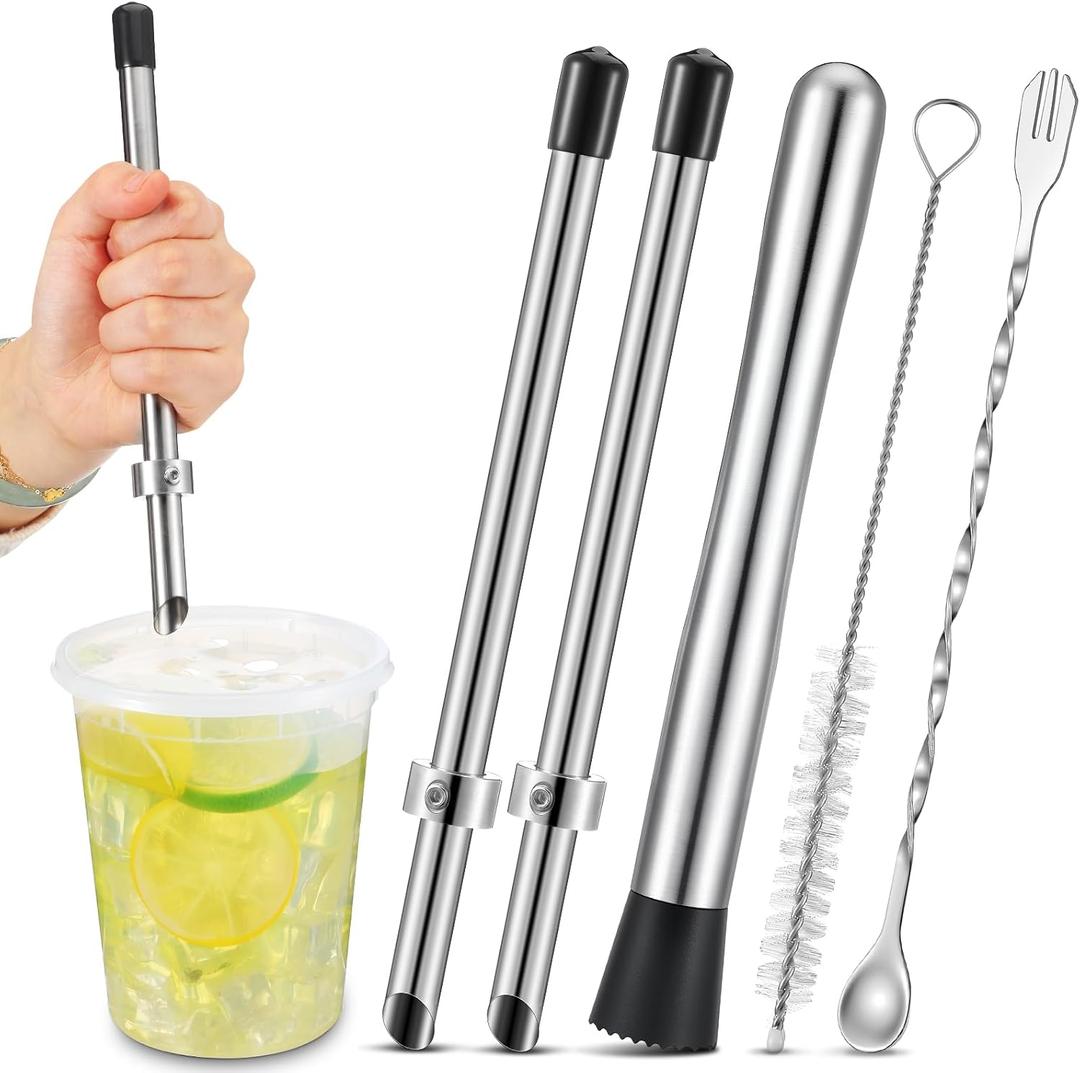 Honeydak 4 Pcs Straw Hole Puncher Muddler, Lemonade Punch Tool Set, 8.7Inch | 304 Stainless Steel Build, Perfect for Plastic Lids Boba Cups, Lemonade Stand Supplies, Stir Spoon & Cleaning Brush Included