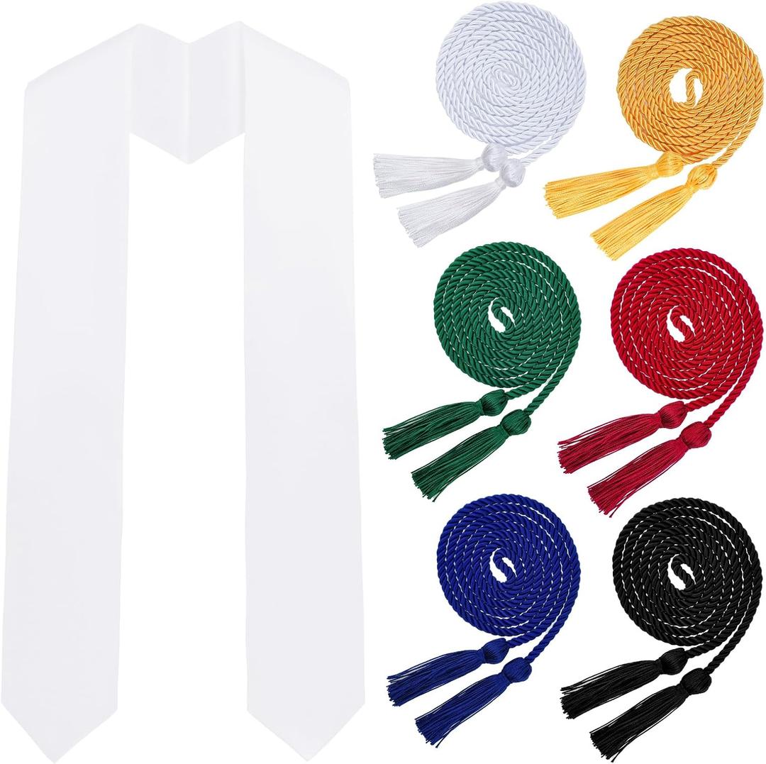 Yookat 6 Pieces Graduation Cords and 1 Piece Graduation Stole Graduation Honor Cords Plain Graduation Stole Honor Cords with Tassel for Graduation Students (White)