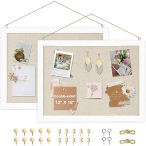 2-Pack Double-Sided Cork Board with Linen, 16" x 12" Hanging Wood Framed Bulletin Board, Picture Display Vision Board Kit Corkboards for Wall School Office Decor, 20 Pushpins (Vintage White)