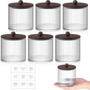 Yaomiao 6 Pcs Ribbed Bathroom Canisters Apothecary Jars with Brown Bamboo Lids and Label Stickers, 18 oz Plastic Canister with Fluted Design for Cotton Ball, Swab, Floss Picks House Storage
