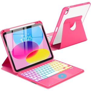 Touchpad Keyboard Case for iPad (A16) 11th 10th Generation, 360 Rotation Cover with Pencil Holder Wireless Backlit Detachable Keypad for iPad 11 inch 2025/10 Gen 10.9" 2022 Watermelon Red