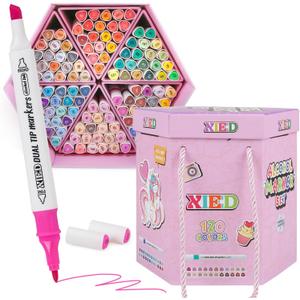 [2025 Upgraded Alcohol Markers, 120 Colors Premium Hexagonal Markers Set Gift Box for Kids, Students, Adults, Artists in Coloring & Drawing(Fine &Broad) (Pink)